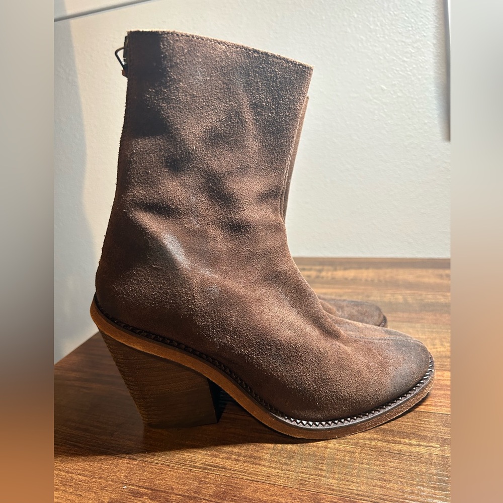 Free People Marquis Heeled Boot Size 37 6.5 7 Distressed Suede Leather Brown